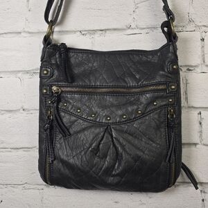 Black Soft Distressed Leather Crossbody Bag with Decorative Studs In Old Gold